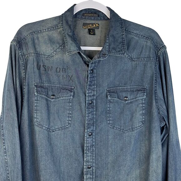 Helix Mens Denim Shirt Pearl Snap Graphic Long Sleeve Collared Button Size L Y2K - Picture 3 of 8